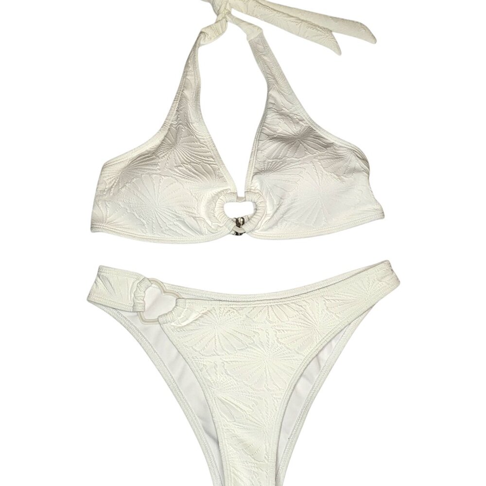 Women's NWOT Heart-shaped Ring White Bikini Swimwear w/ Sarong Sz Med Large